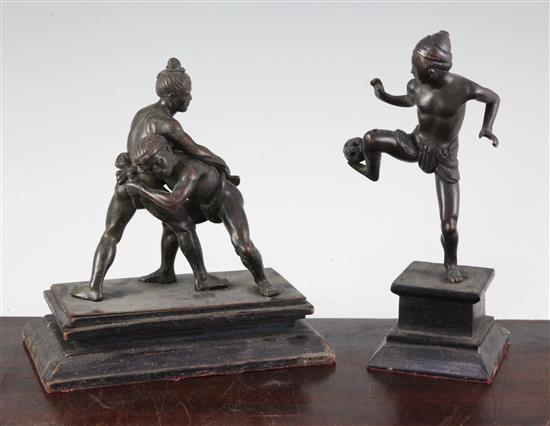 A Burmese bronze group of wrestlers and another of Chinlone player, early 20th century, 20cm & 21.5cm (7.9in. & 8.5in.)
